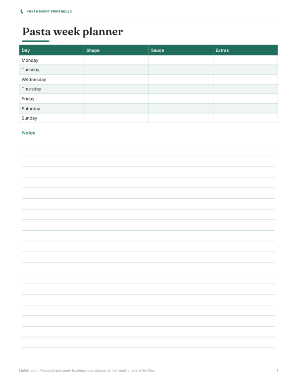 Preview of Printable Pasta Week Planner Chart